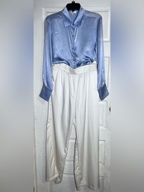 Satin Blouse & Wide-Leg Pants Two-Piece Set